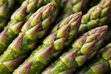 Close-up of fresh green asparagus spears with water droplets on tight tips, detailed macro view highlighting texture and vibrant color of the vegetable for culinary use.