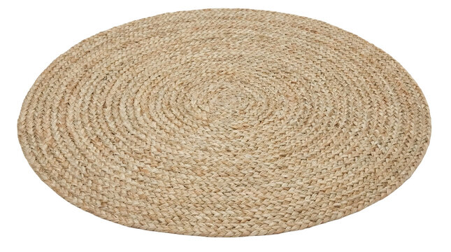 Stylish round natural jute fiber rug featuring a concentric braided pattern design.