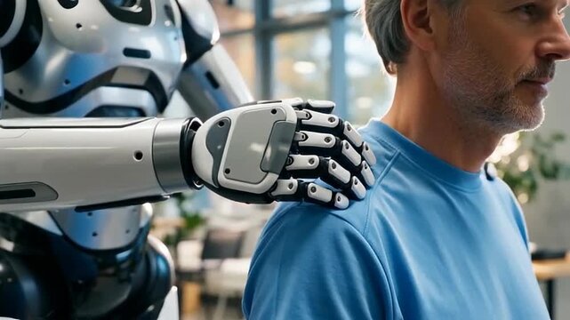 A humanoid robot gently placing its hand on the shoulder of a man in a blue shirt, set in a modern, well-lit workspace with greenery in the background
