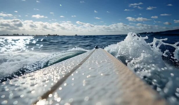 Point of view shot of surfboard gliding through ocean waves
