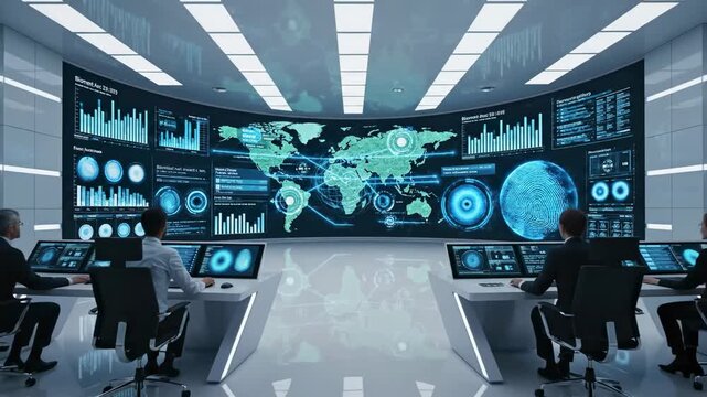Group of professionals analyzing data on large screens in a modern control room with digital maps, graphs, and charts displayed on the walls and monitors