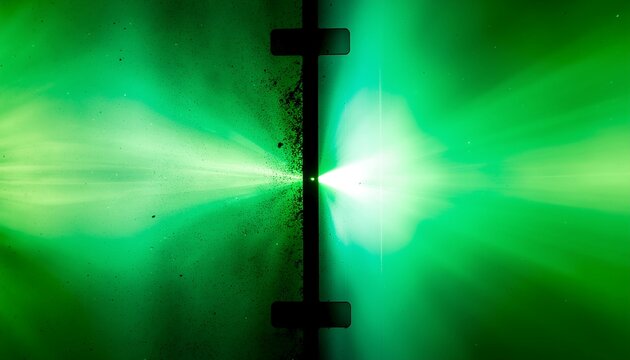 Green Light Burst Through Black Metal Door with Bright Rays
