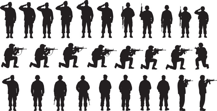 Front‑view grid of soldier silhouettes performing salutes and rifle drills in a white backdrop illustration