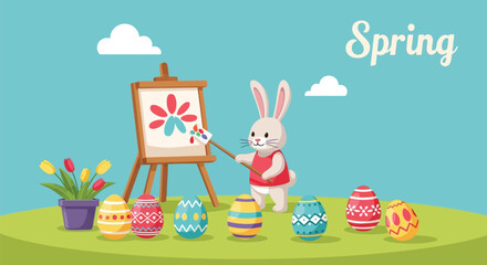 Adorable cartoon bunny character happily painting a flower design on an easel surrounded by brightly colored, decorated Easter eggs during springtime
