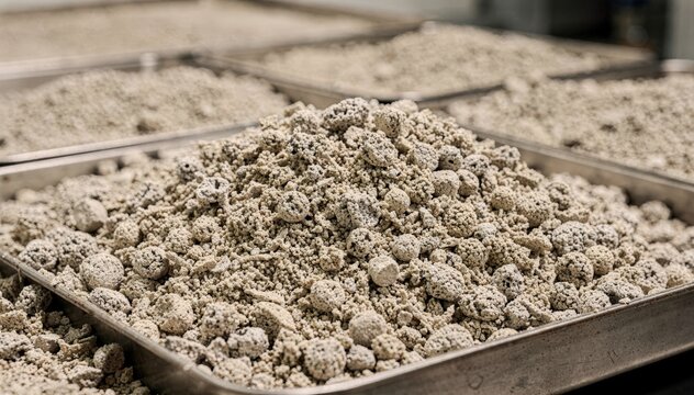 Medium shot focusing on macro texture of dry zeolite pellets stacked in trays showcasing surface details and porous structure essential for catalytic functions.