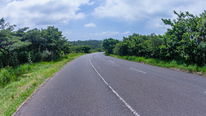 Rural countryside road single lane through dense green vegetation standing on asphalt a summer landscape. © ChrisVanLennepPhoto