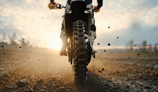 Rear view of motocross bike accelerating on dirt track at sunset