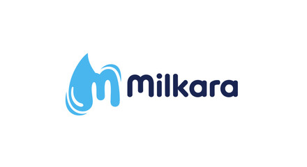 Fototapeta premium Blue stylized milk drop or splash logo, representing dairy products, milk, and liquid foods, isolated white background.