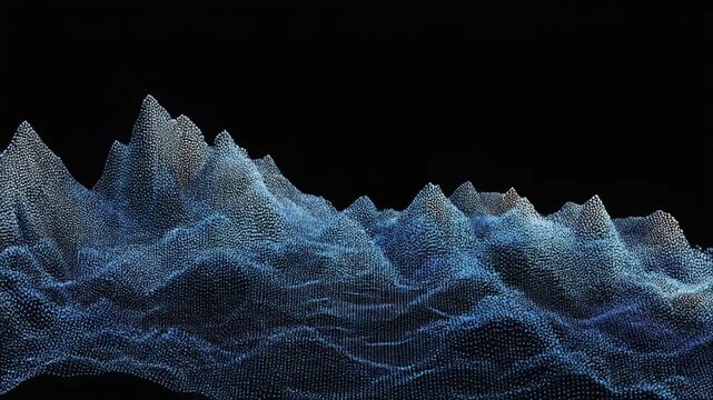 A digital landscape, depicting mountains, valleys, and terrain. Crafted with tiny, overlapping dots