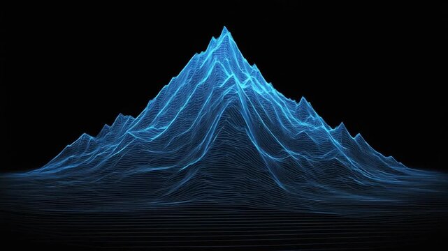 A digital rendering depicting a mountain range created from a blue wireframe against a black background