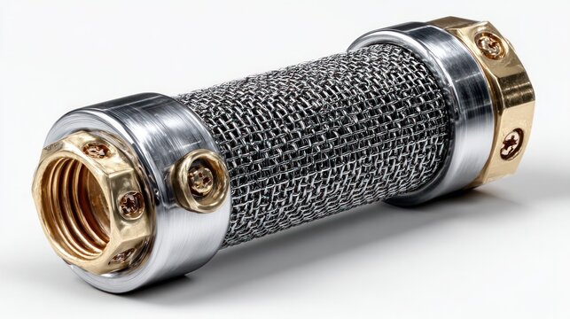 Industrial metal mesh filter with brass and silver connectors for fluid systems