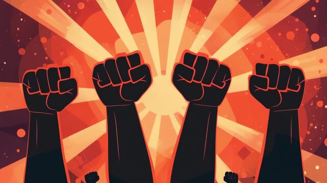 Empowering movement of unity and strength with raised fists against radiant background