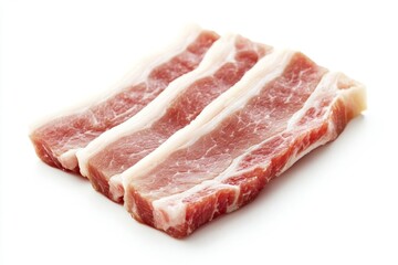 Fototapeta premium Raw Pork Belly Slices Arranged on White Background Ready for Cooking Indoor Culinary Preparation Food Photography Close Up View