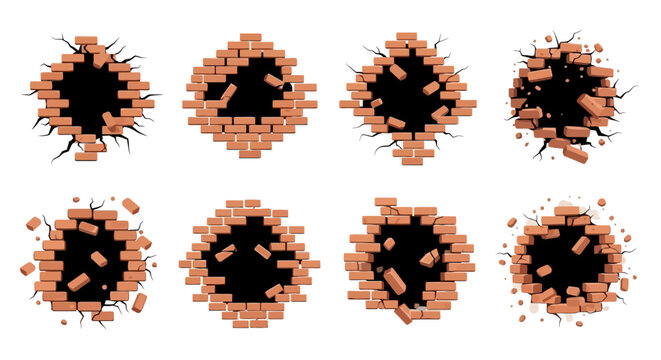 Collection of eight cartoon illustrations depicting various broken brick walls with black holes and scattered debris, showing impact and destruction.