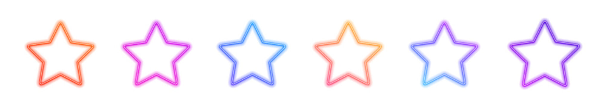 Colorful neon stars shine with glowing gradient edges. Smooth luminous texture adds depth and futuristic aesthetics. Ideal transparent PNG for banners, creative layouts, and digital UI design. PNG