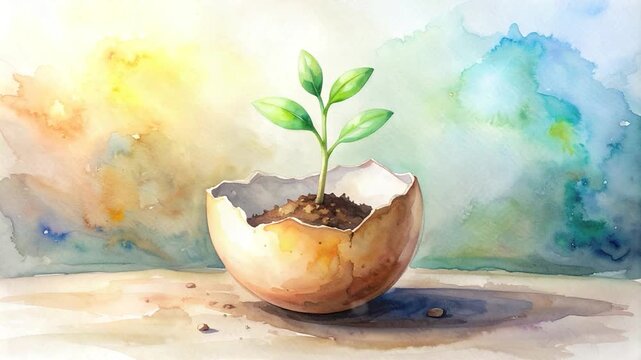 Watercolor rendering of a sprout emerging from a cracked eggshell