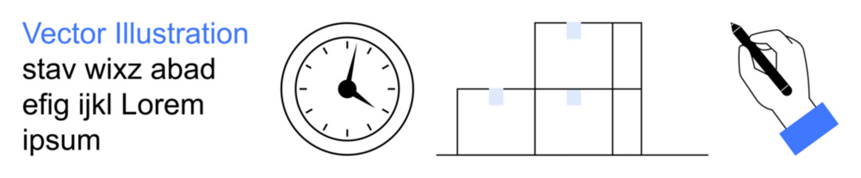 Productivity, time tracking, business planning, work organization, corporate strategy, creativity. A clock, stacked boxes chart and hand holding a pen. Time management and productivity concept