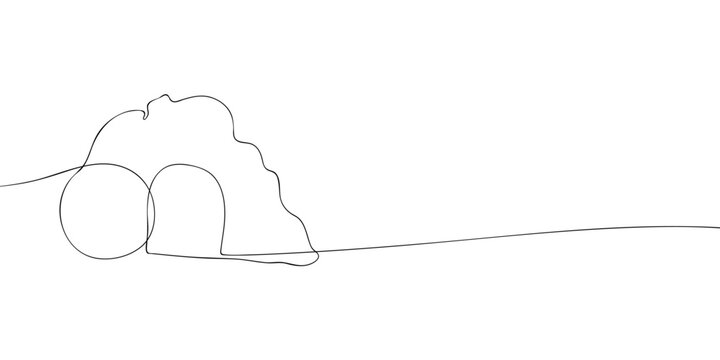 Minimal line illustration of the empty resurrection tomb with a rolled away stone, symbolizing Easter, Christian faith, hope, and the resurrection of Jesus