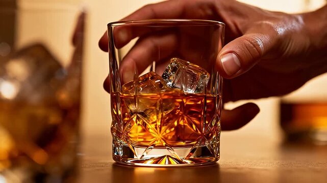 Man holding glass with whiskey and ice