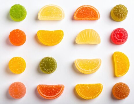 Colorful variety of sweet fruit jelly candies in different shapes and bright colors, neatly arranged on a clean white background, creating an appealing confectionery display