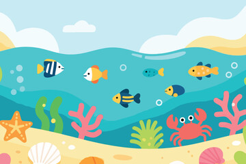 Naklejka premium Playful underwater cartoon scene with six colorful fish, red crab, coral, seaweed, starfish, and seashells, vibrant ocean illustration with sandy shore and cloudy sky.