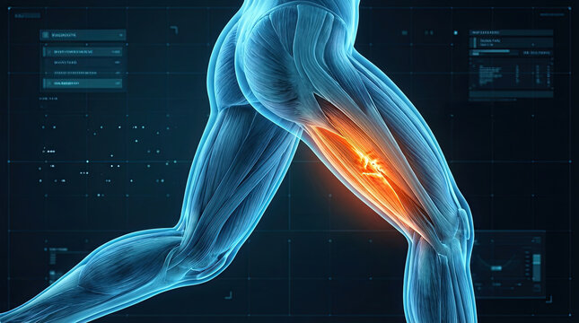 Side view of running male body with glowing red spot on leg muscles showing inflammation or injury on blue medical background with digital data.