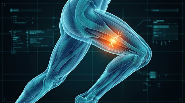 Close up view of human leg muscles in running motion showing bright orange glowing pain and inflammation in quadriceps on dark blue digital background.