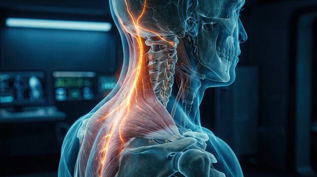 Human head and neck anatomy with glowing yellow nerve lines showing pain or electrical signal on blue medical background with laboratory data interface.