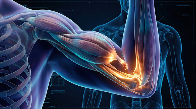 Close up view of human arm muscles with glowing orange pain and inflammation area on elbow joint and bicep tendon on blue digital medical background.