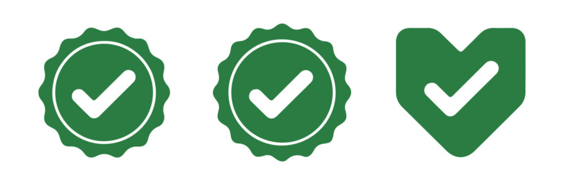 Green verification checkmark badges round and shield shapes approved confirmation symbol