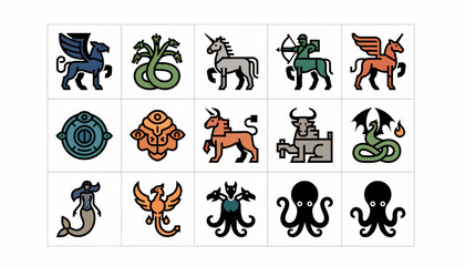 Obraz premium Mythical Creatures Icons: Pegasus, Unicorn, Dragon, Mermaid, Phoenix