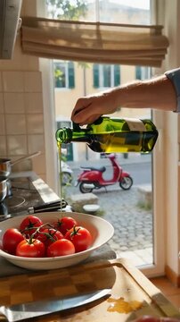 Close-up of a person pouring oil into a pan while preparing fresh tomatoes on a kitchen counter with a sunny outdoor view