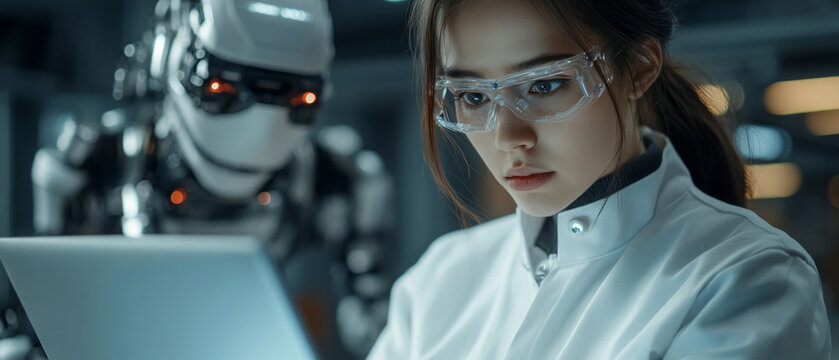 A scientist wearing protective goggles and a lab coat analyses data on a tablet, while behind her, a robot with red eyes creates a tense atmosphere of technological conflict.
The perfect backdrop 