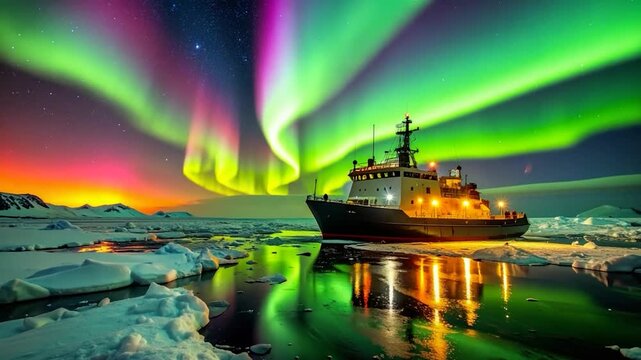A ship navigates an icy sea under colorful northern lights