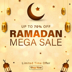 Ramadan Mega Sale Promotion Banner with Golden Lanterns, Islamic Holiday Shopping Discount Background with Crescent Moon, Elegant Ramadan Kareem Sale Template for Social Media Ads, Luxury Golden Ramad © Dream Graphics