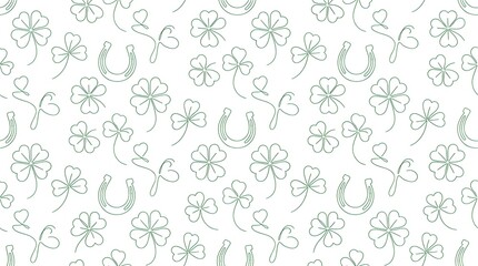 St. Patrick's Day seamless pattern with outline clover leaves and horseshoes on white.