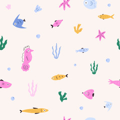 Undersea Cartoon Seamless Pattern Featuring Seahorse, Starfish, and Tropical Fish. Marine Illustration for Textile and Wrapping Paper