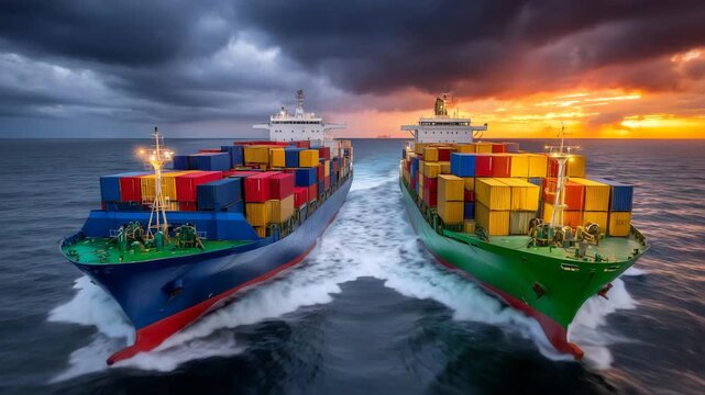 8Dramatic low-angle shot of two container vessels side by side in open sea, colorful cargo highlighted, horizon and sky expansive, symbolizing international shipping, tariffs, and g