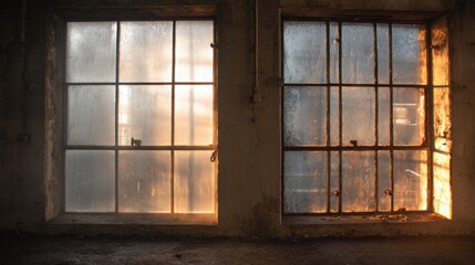 Sunset backlight pouring through twin industrial panes, warm rim light outlining dusty glass, long interior shadows and subtle color gradient evoking calm, cinematic mood perfect for editorial,