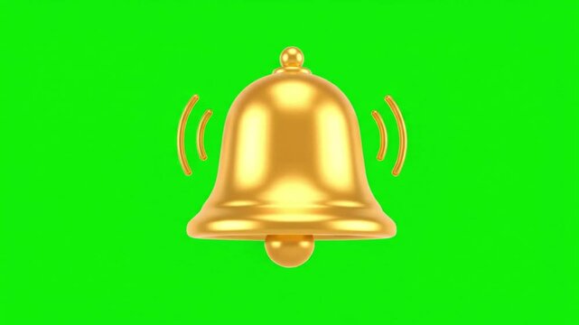 Golden bell icon, ringing alarm bell, shiny metal bell, notification symbol, green background