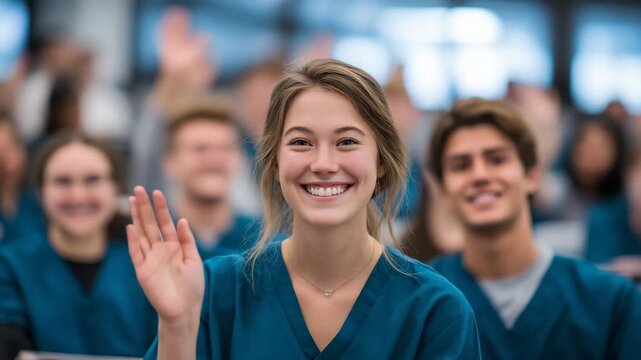 44Wide-angle view of nursing students in teal scrubs, listening to lecturer at the front, some smiling, hands raised to ask questions, bright and modern classroom environment