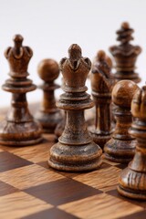 Fototapeta premium Detailed Image of Dark Brown Wooden Chess Pieces Arranged on a Checkered Chessboard Strategic Indoor Game Play