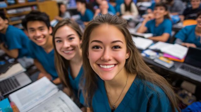 49Overhead view of nursing students in a classroom, all wearing teal scrubs, some smiling, attentive, with textbooks and laptops open, dynamic educational atmosphere
