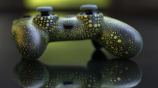 A close-up shot of a gaming controller with yellow dots on a dark surface and its reflection