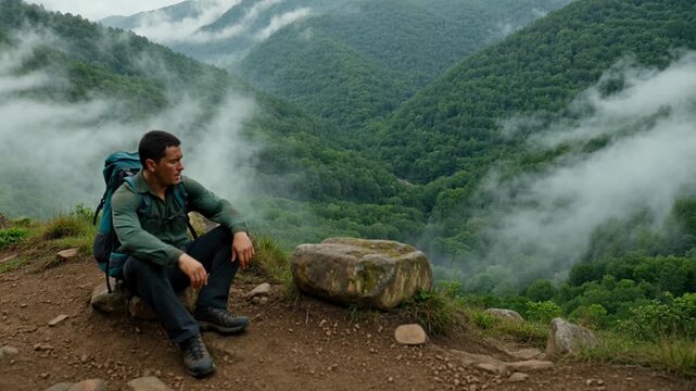 Hiker Enjoying Scenic Mountain View in a Triptych Collage