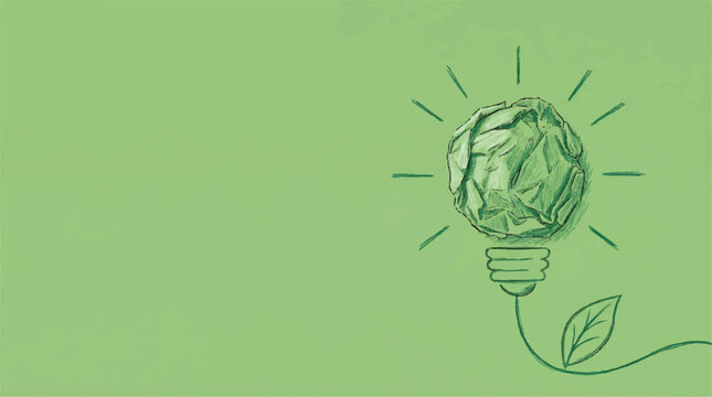 eco friendly green light bulb with leaf on green background