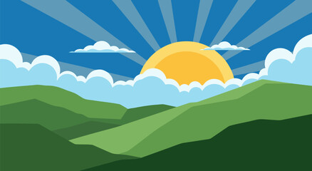 Obraz premium Vector Illustration of Sunrise Over Rolling Green Hills in Vibrant Blue Sky with Scattered Clouds