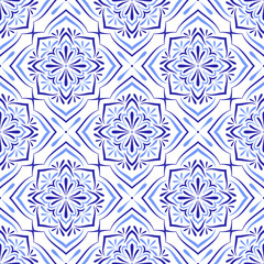 Fototapeta premium Mediterranean blue tile. Azulejo, talavera or majolica ethnic seamless pattern. Portuguese, Moroccan, Sicilian, Spanish folk motifs. Floral ornament. Square mosaic background. Vector illustration