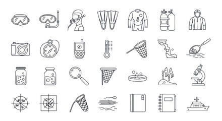 Fototapeta premium Scuba Diving and Marine Biology Equipment Icons Set