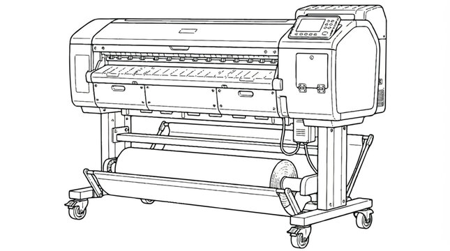 Large format printer with roll of paper on a mobile cart